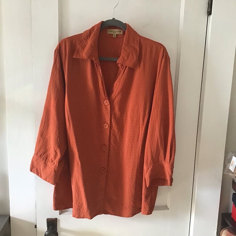 Notations Woman Oragne with Black Polka Dots Button Up Blouse 3X